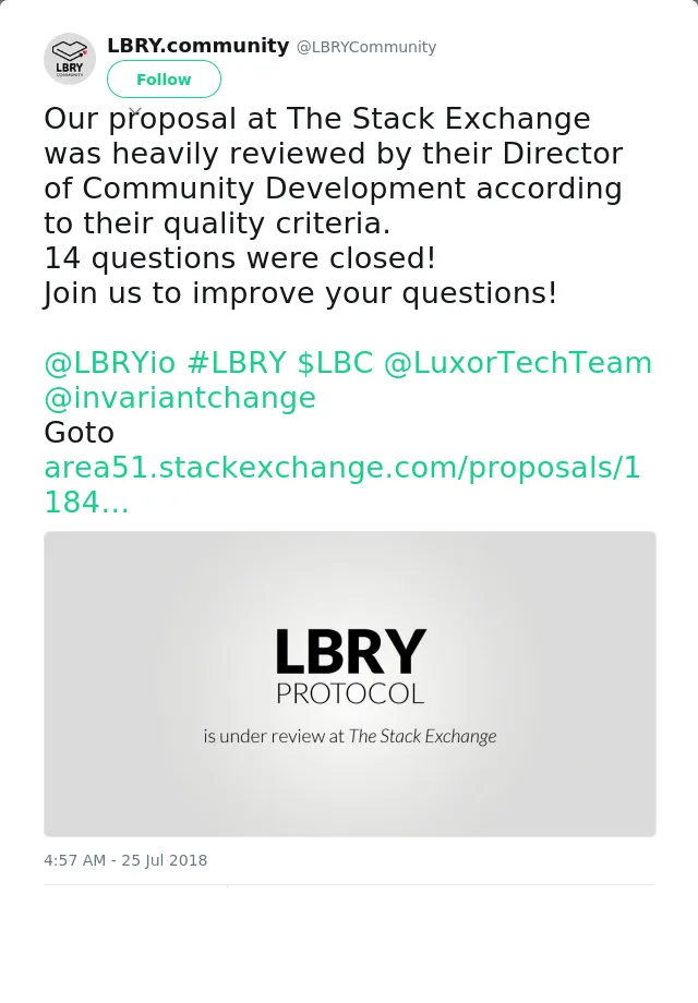 RT @LBRYCommunity: Our proposal at The Stack Exchange was heavily reviewed by their Director of Community Development according to their qu…