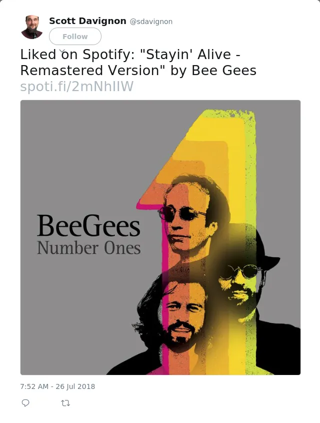 Liked on Spotify: "Stayin' Alive - Remastered Version" by Bee Gees