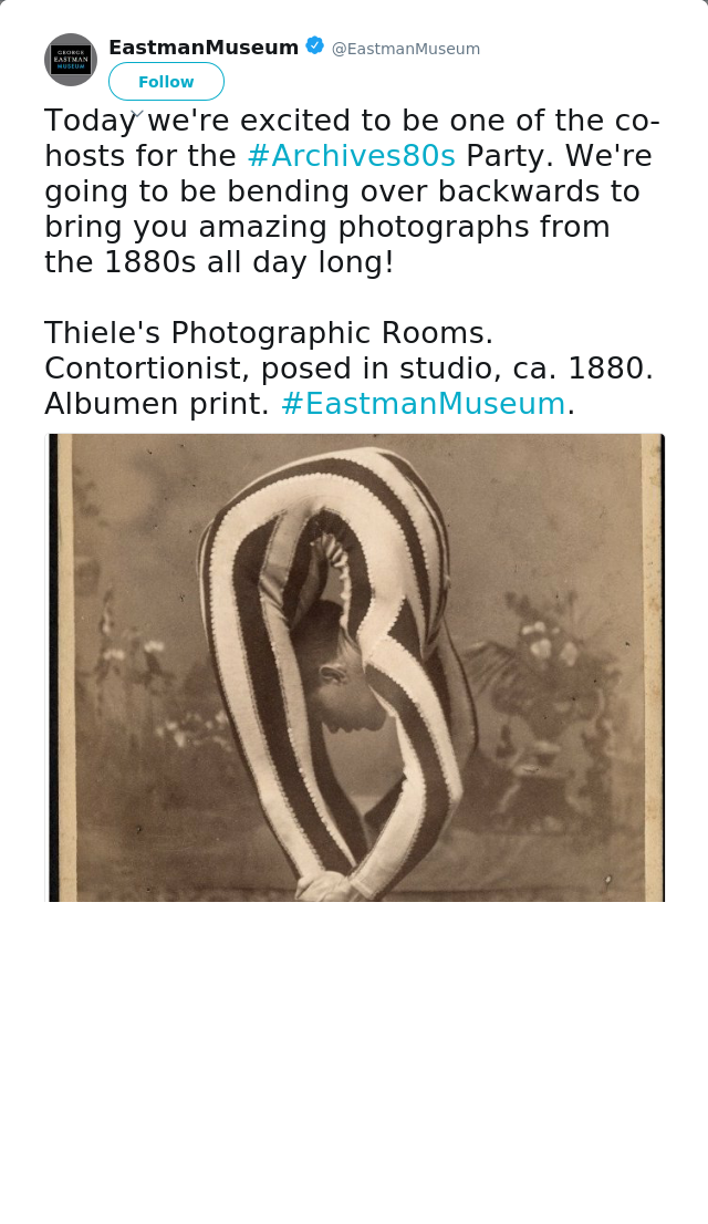 RT @EastmanMuseum: Today we're excited to be one of the co-hosts for the #Archives80s Party. We're going to be bending over backwards to br…