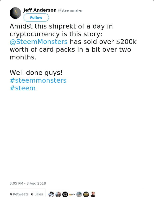 RT @steemmaker: Amidst this shiprekt of a day in cryptocurrency is this story: @SteemMonsters has sold over $200k worth of card packs in a…