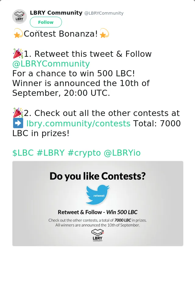 RT @LBRYCommunity: 💫Contest Bonanza!💫

🎉1. Retweet this tweet &amp; Follow @LBRYCommunity 
For a chance to win 500 LBC!
Winner is announced the…