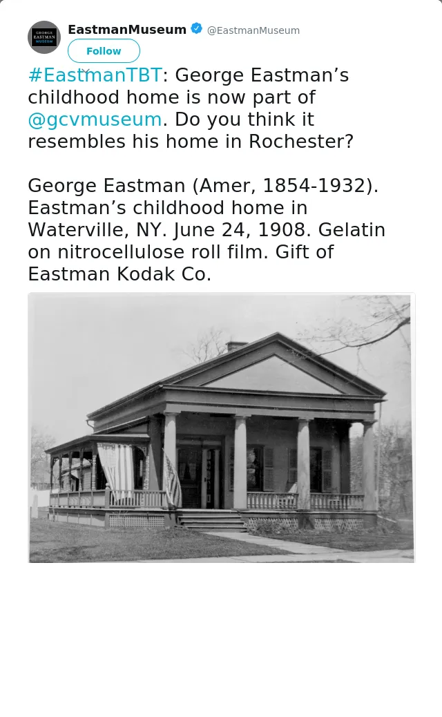 RT @EastmanMuseum: #EastmanTBT: George Eastman’s childhood home is now part of @gcvmuseum. Do you think it resembles his home in Rochester?…