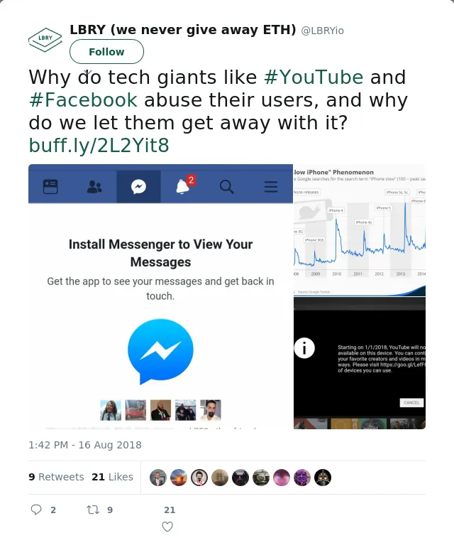 RT @LBRYio: Why do tech giants like #YouTube and #Facebook abuse their users, and why do we let them get away with it?