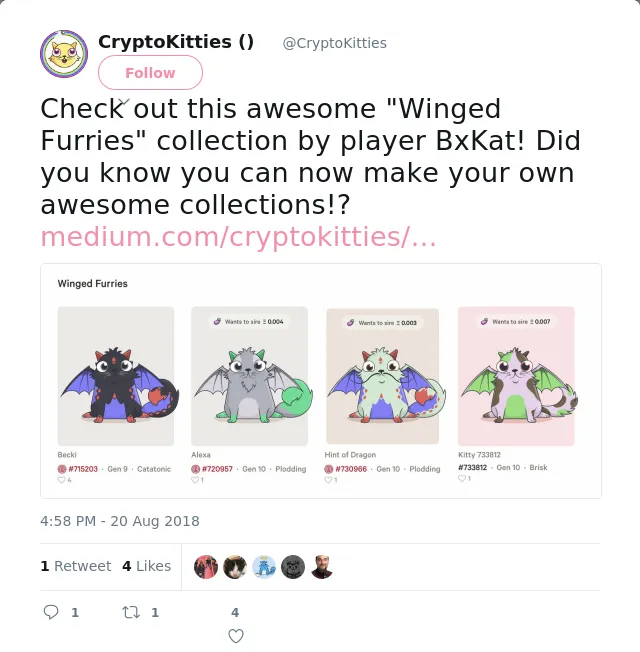 RT @CryptoKitties: Check out this awesome "Winged Furries" collection by player BxKat! Did you know you can now make your own awesome colle…