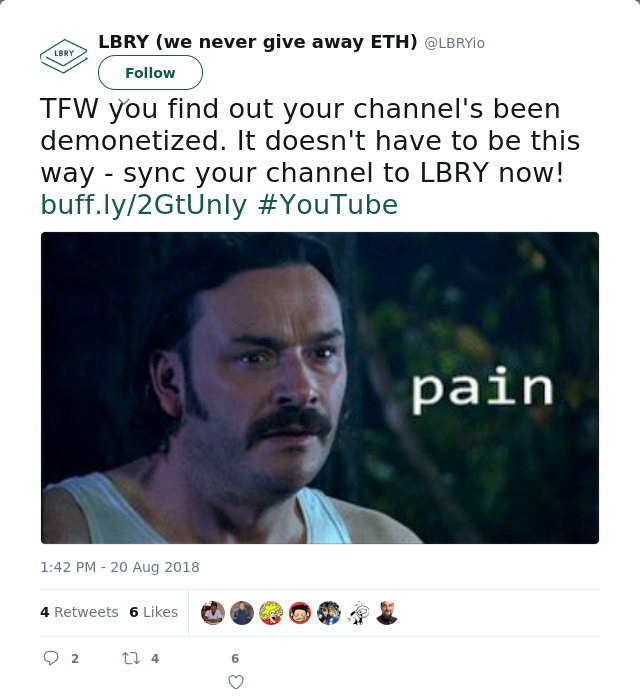 RT @LBRYio: TFW you find out your channel's been demonetized. It doesn't have to be this way - sync your channel to LBRY now!