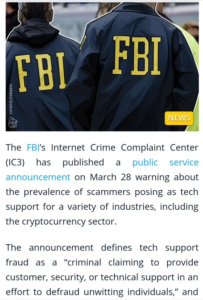 FBI Publishes PSA About Tech Support Fraud Targeting Cryptocurrency Holders