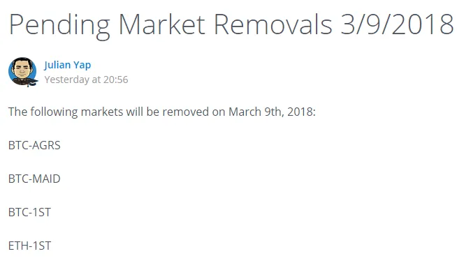 Monedas que serán retiradas de Bittrex