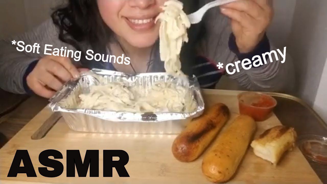 ASMR Creamy Chicken Fettuccine Alfredo + Bread Sticks | Soft Eating Sounds