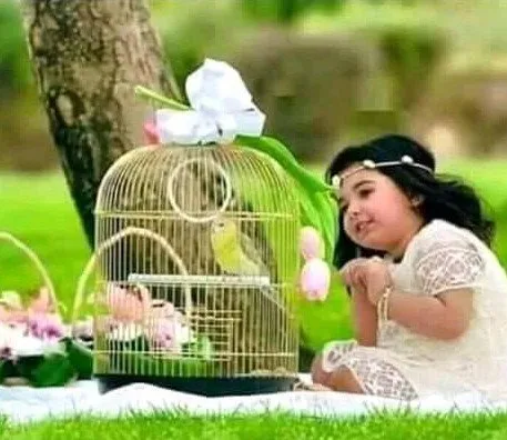 a baby girl are playing with a bird