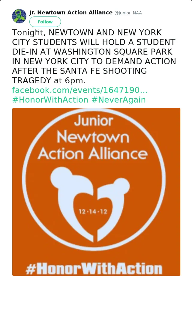 RT @Junior_NAA: Tonight, NEWTOWN AND NEW YORK CITY STUDENTS WILL HOLD A STUDENT DIE-IN AT WASHINGTON SQUARE PARK IN NEW YORK CITY TO DEMAND…