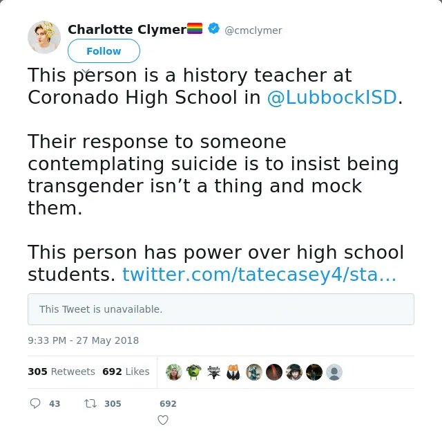 RT @cmclymer: This person is a history teacher at Coronado High School in @LubbockISD. 

Their response to someone contemplating suicide is…
