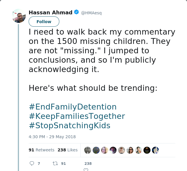 RT @HMAesq: I need to walk back my commentary on the 1500 missing children. They are not "missing." I jumped to conclusions, and so I'm pub…