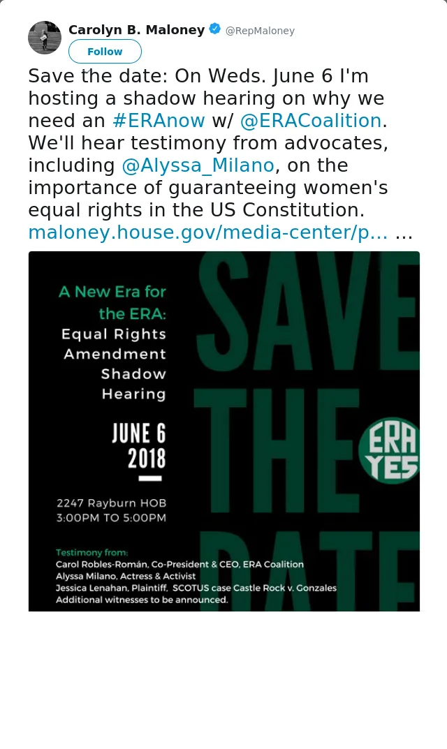 RT @RepMaloney: Save the date: On Weds. June 6 I'm hosting a shadow hearing on why we need an #ERAnow w/ @ERACoalition. We'll hear testimon…