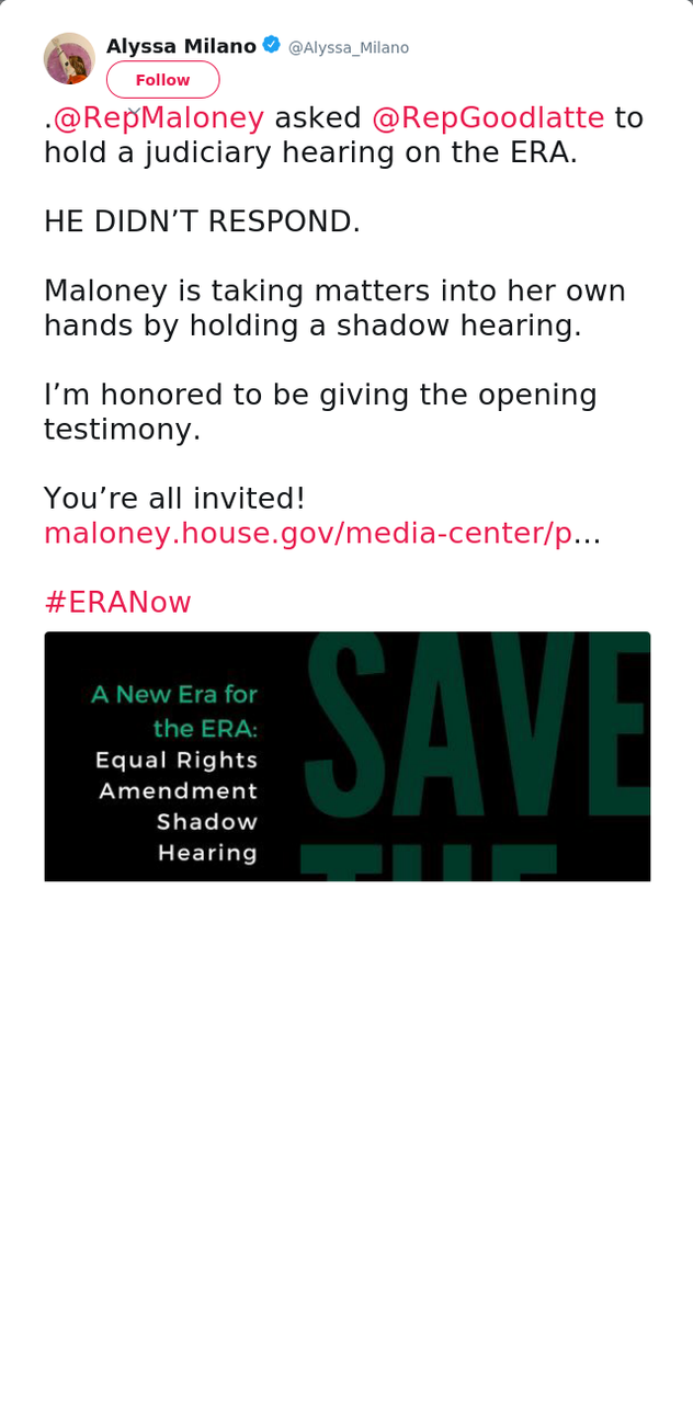 .@RepMaloney asked @RepGoodlatte to hold a judiciary hearing on the ERA. 

HE DIDN’T RESPOND.

Maloney is taking ma…