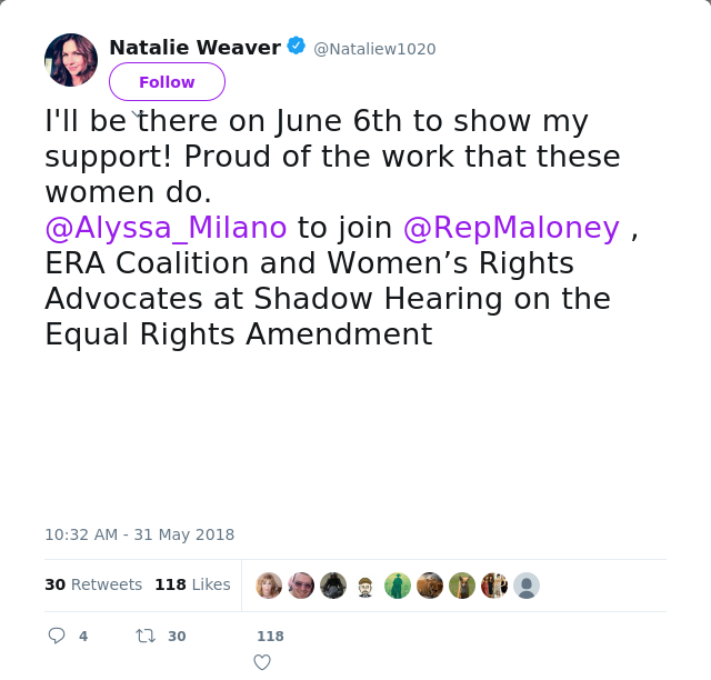 RT @Nataliew1020: I'll be there on June 6th to show my support! Proud of the work that these women do.
@Alyssa_Milano to join @RepMaloney ,…