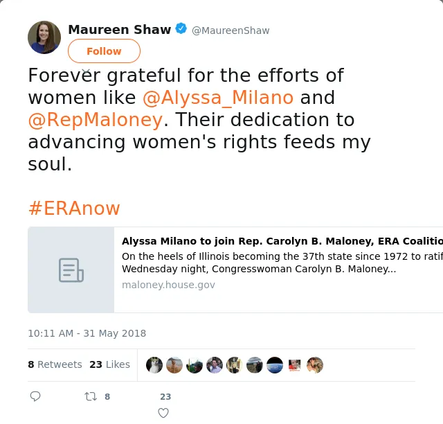 RT @MaureenShaw: Forever grateful for the efforts of women like @Alyssa_Milano and @RepMaloney. Their dedication to advancing women's right…