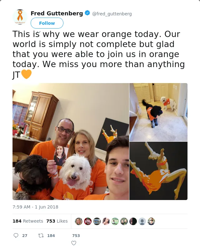 RT @fred_guttenberg: This is why we wear orange today. Our world is simply not complete but glad that you were able to join us in orange to…