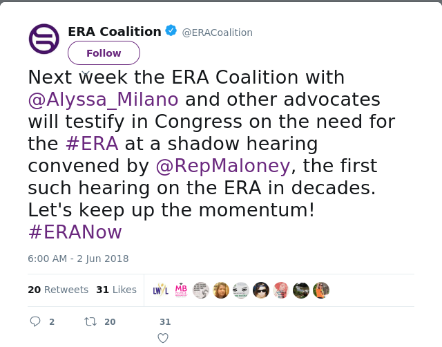 RT @ERACoalition: Next week the ERA Coalition with @Alyssa_Milano and other advocates will testify in Congress on the need for the #ERA at…