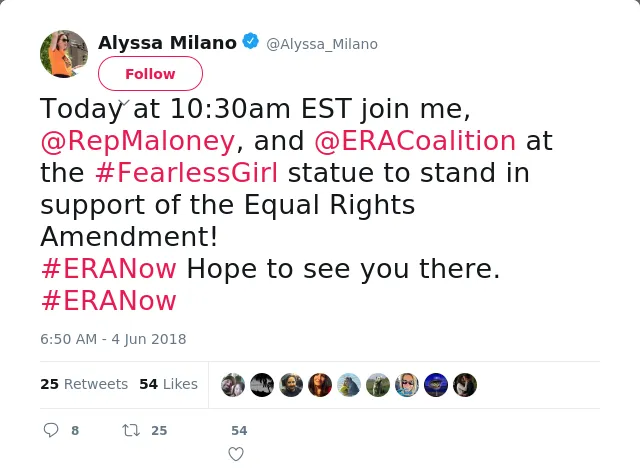 Today at 10:30am EST join me, @RepMaloney, and @ERACoalition at the #FearlessGirl statue to stand in support of the…
