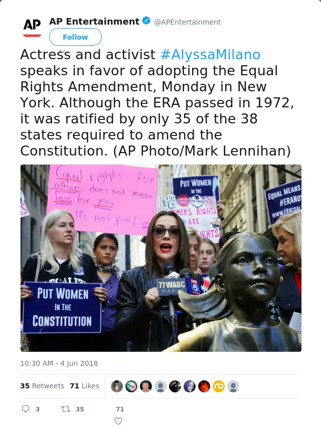RT @APEntertainment: Actress and activist #AlyssaMilano speaks in favor of adopting the Equal Rights Amendment, Monday in New York. Althoug…