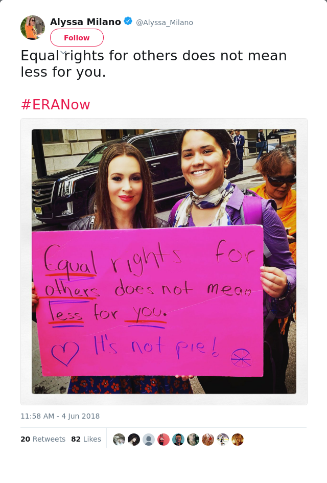 Equal rights for others does not mean less for you. 

#ERANow