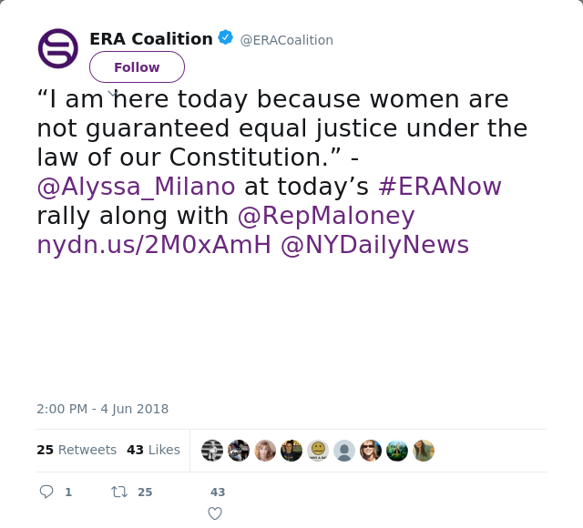 RT @ERACoalition: “I am here today because women are not guaranteed equal justice under the law of our Constitution.” - @Alyssa_Milano at t…