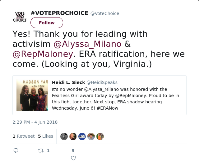 RT @VoteChoice: Yes! Thank you for leading with activisim @Alyssa_Milano &amp; @RepMaloney. ERA ratification, here we come. (Looking at you, Vi…