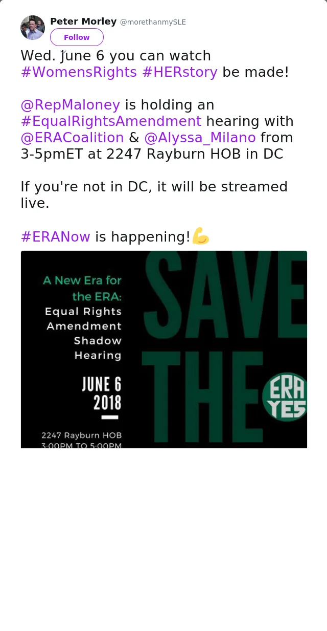 RT @morethanmySLE: Wed. June 6 you can watch #WomensRights #HERstory be made!

@RepMaloney is holding an #EqualRightsAmendment hearing with…