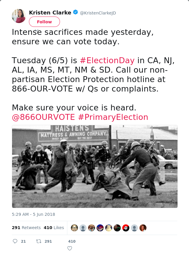 RT @KristenClarkeJD: Intense sacrifices made yesterday, ensure we can vote today.

Tuesday (6/5) is #ElectionDay in CA, NJ, AL, IA, MS, MT,…