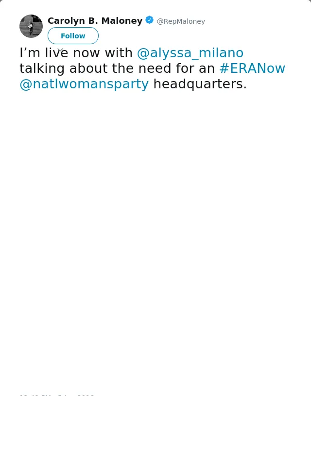 RT @RepMaloney: I’m live now with @alyssa_milano talking about the need for an #ERANow @natlwomansparty headquarters.