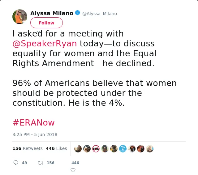 I asked for a meeting with @SpeakerRyan today—to discuss equality for women and the Equal Rights Amendment—he decli…