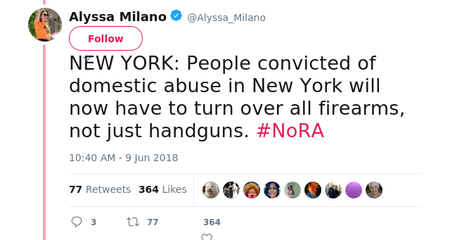NEW YORK: People convicted of domestic abuse in New York will now have to turn over all firearms, not just handguns. #NoRA