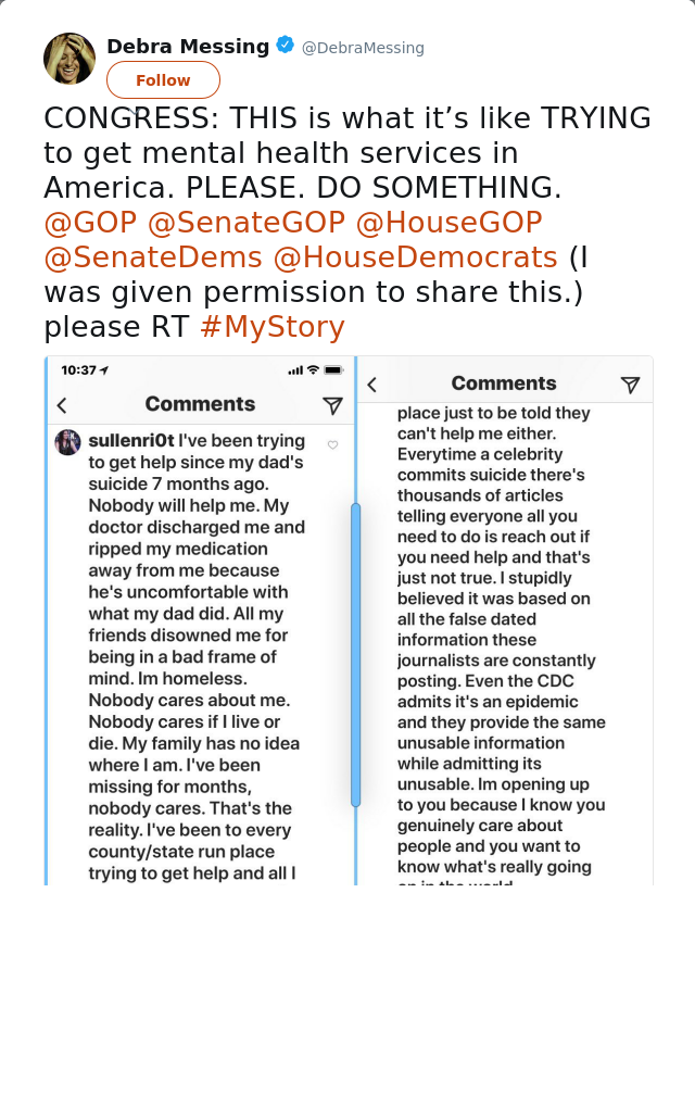 RT @DebraMessing: CONGRESS: THIS is what it’s like TRYING to get mental health services in America. PLEASE. DO SOMETHING. @GOP ⁦⁦@SenateGOP…