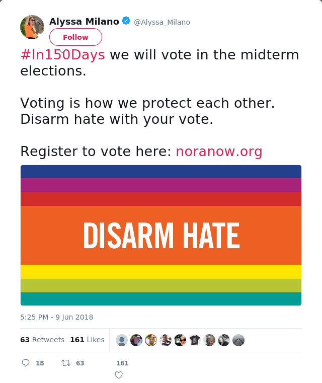 #In150Days we will vote in the midterm elections. 

Voting is how we protect each other. Disarm hate with your vote…