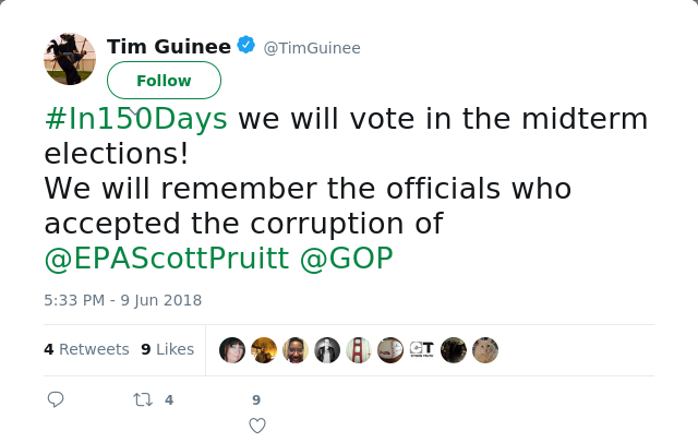 RT @TimGuinee: #In150Days we will vote in the midterm elections!
We will remember the officials who accepted the corruption of @EPAScottPru…