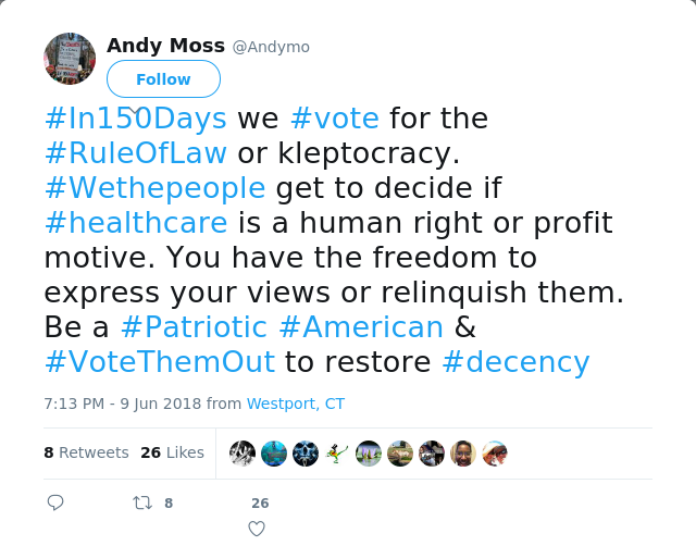 RT @Andymo: #In150Days we #vote for the #RuleOfLaw or kleptocracy. #Wethepeople get to decide if #healthcare is a human right or profit mot…