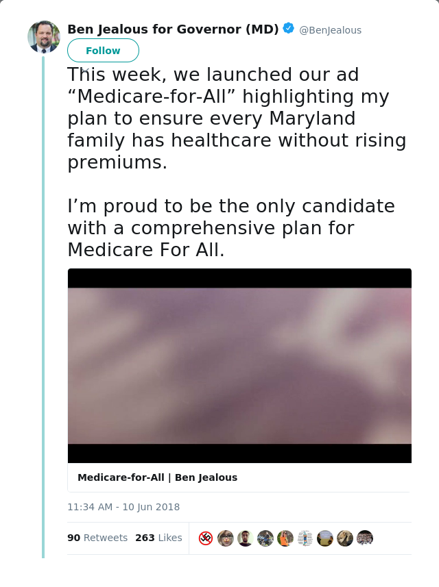 RT @BenJealous: This week, we launched our ad “Medicare-for-All” highlighting my plan to ensure every Maryland family has healthcare withou…