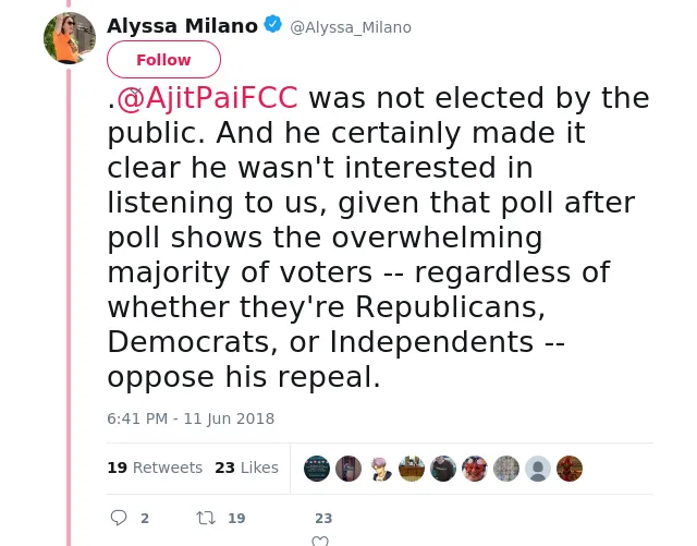 .@AjitPaiFCC was not elected by the public. And he certainly made it clear he wasn't interested in listening to us,…