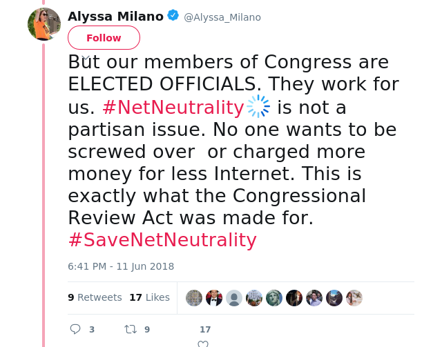 But our members of Congress are ELECTED OFFICIALS. They work for us. #NetNeutrality is not a partisan issue. No one…