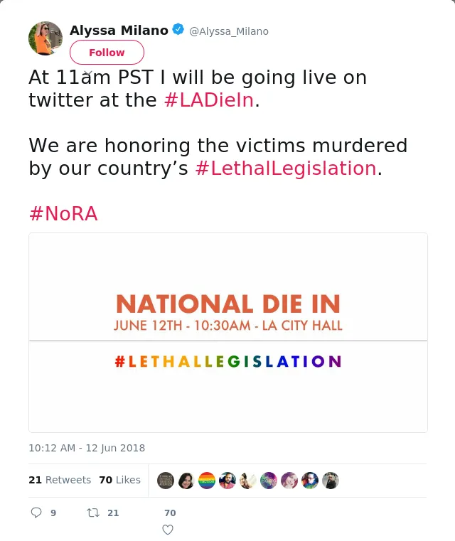 At 11am PST I will be going live on twitter at the #LADieIn. 

We are honoring the victims murdered by our country’…