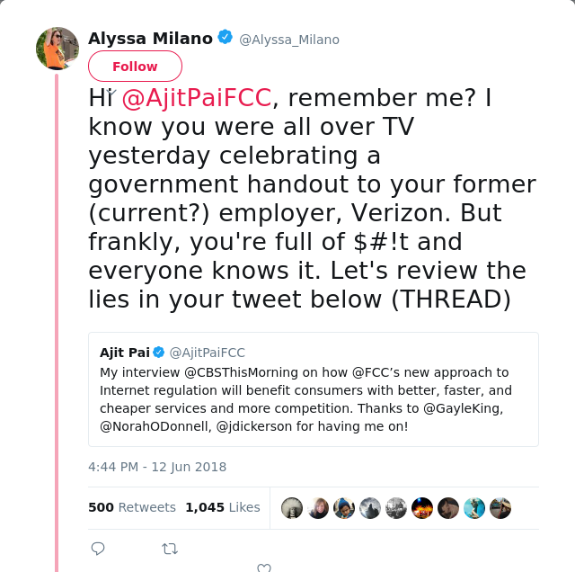 Hi @AjitPaiFCC, remember me? I know you were all over TV yesterday celebrating a government handout to your former…