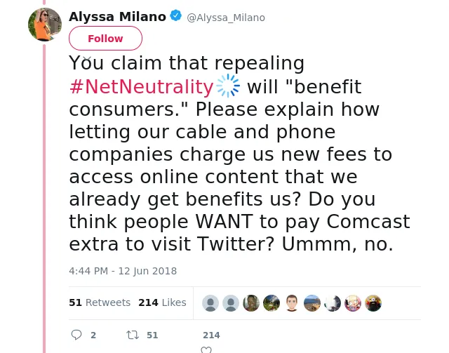 You claim that repealing #NetNeutrality will "benefit consumers." Please explain how letting our cable and phone co…