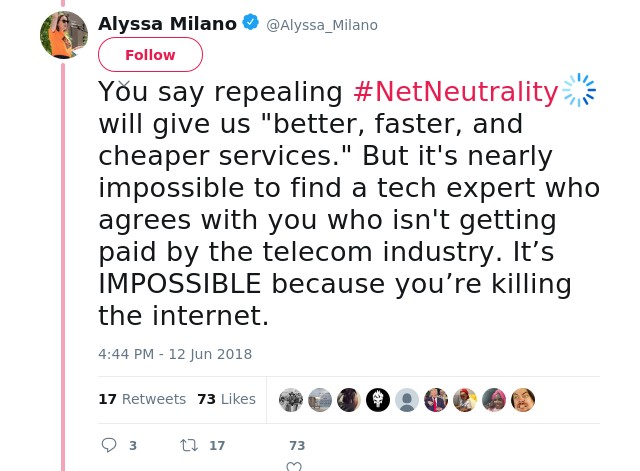 You say repealing #NetNeutrality will give us "better, faster, and cheaper services." But it's nearly impossible to…