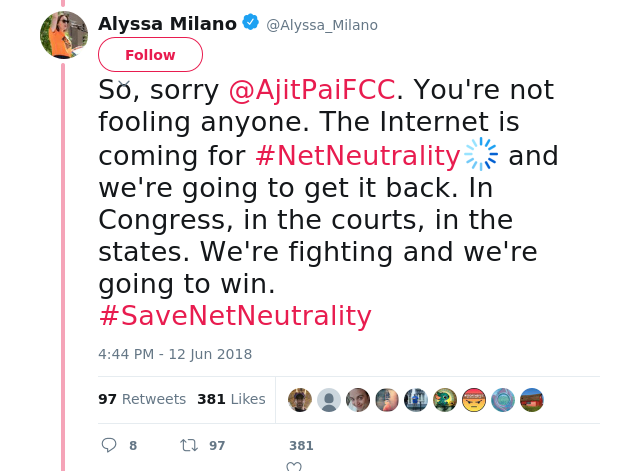 So, sorry @AjitPaiFCC. You're not fooling anyone. The Internet is coming for #NetNeutrality and we're going to get…