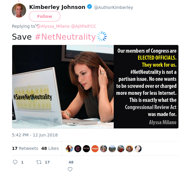 RT @AuthorKimberley: @Alyssa_Milano @AjitPaiFCC Save #NetNeutrality
