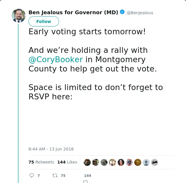 RT @BenJealous: Early voting starts tomorrow! 

And we’re holding a rally with @CoryBooker in Montgomery County to help get out the vote.…