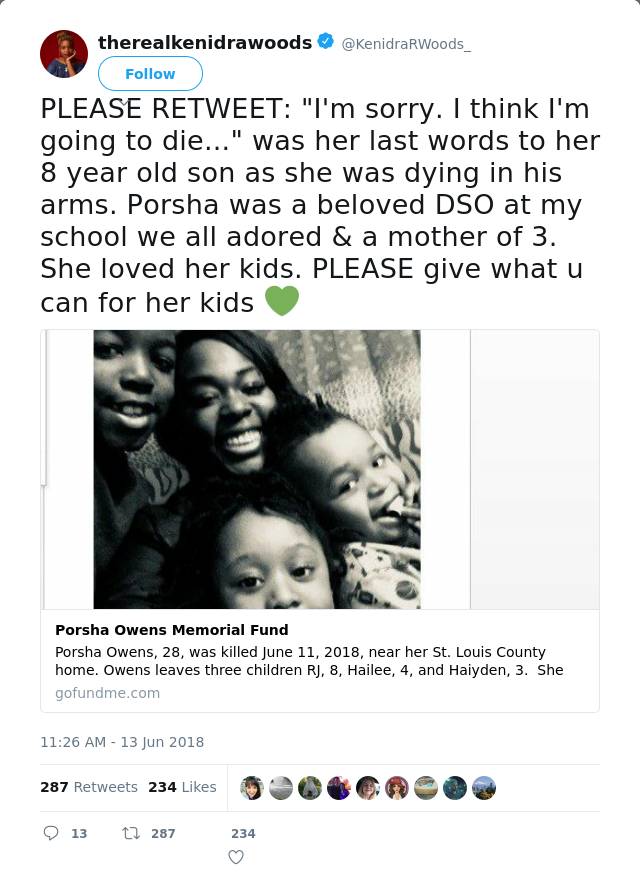 RT @KenidraRWoods_: PLEASE RETWEET: "I'm sorry. I think I'm going to die..." was her last words to her 8 year old son as she was dying in h…