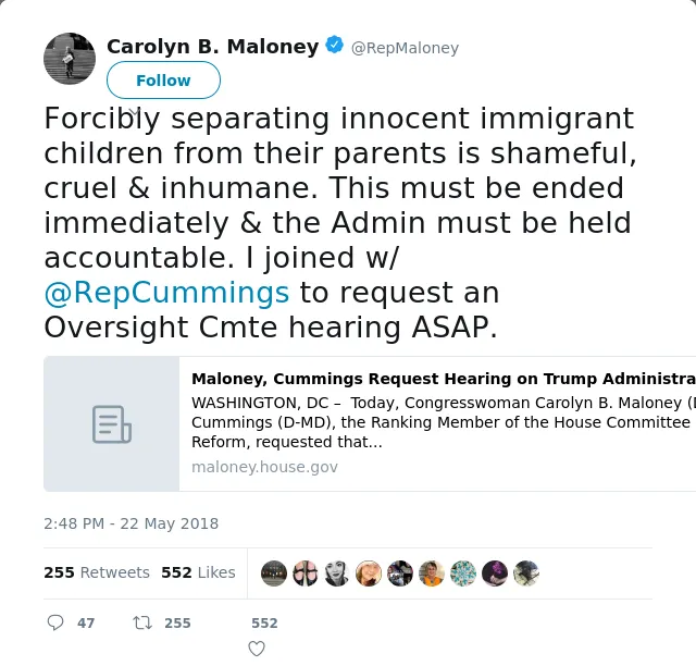 RT @RepMaloney: Forcibly separating innocent immigrant children from their parents is shameful, cruel &amp; inhumane. This must be ended immedi…