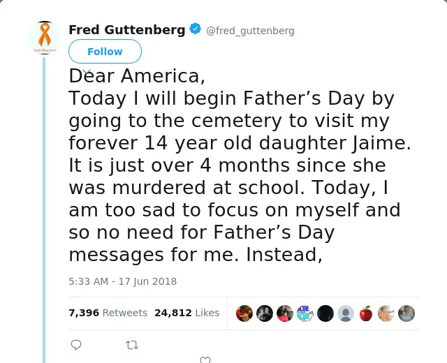 RT @fred_guttenberg: Dear America,
Today I will begin Father’s Day by going to the cemetery to visit my forever 14 year old daughter Jaime.…
