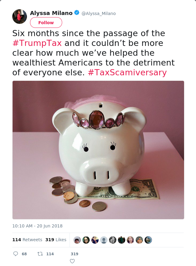 Six months since the passage of the #TrumpTax and it couldn’t be more clear how much we’ve helped the wealthiest Am…